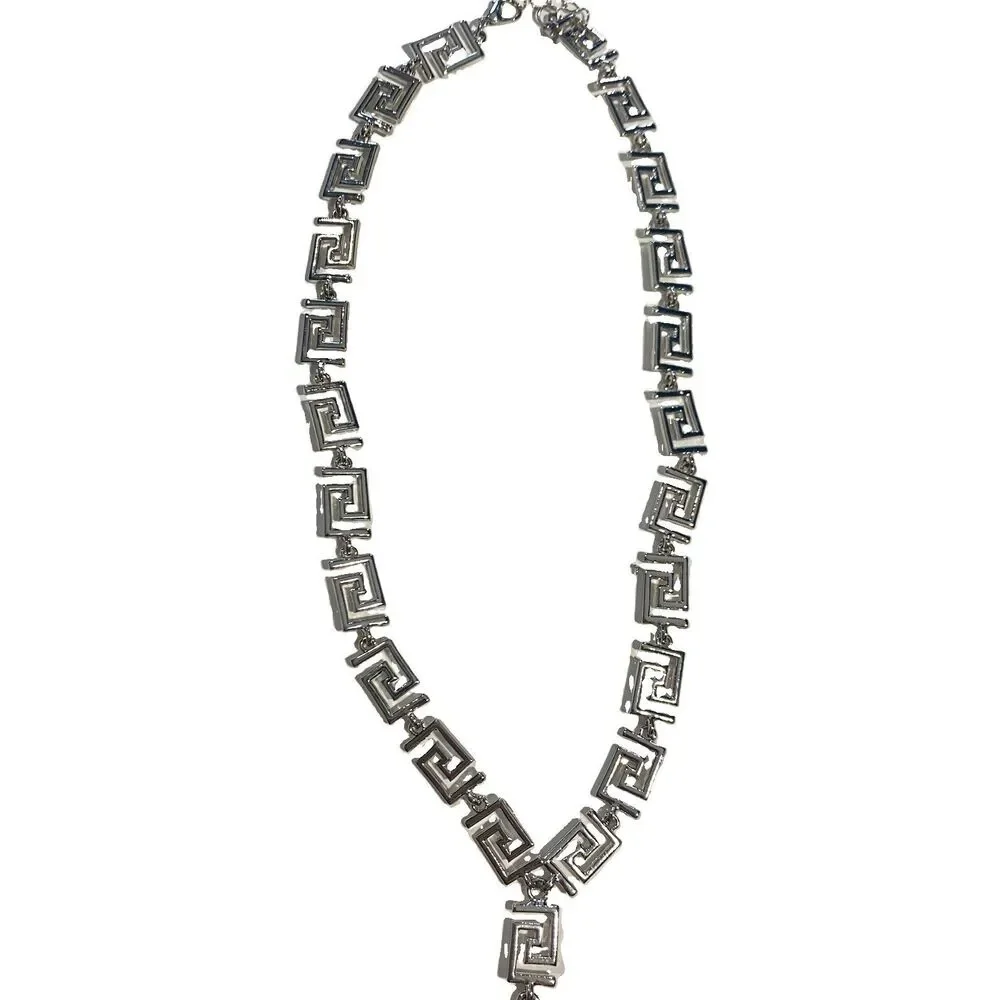 Silver Tone Greek Meander Link Necklace with Black Lion Medallion Pendant Charm